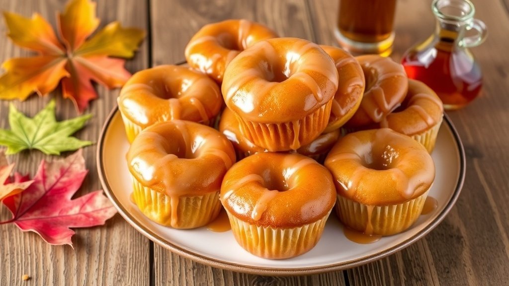 Soft Maple Glazed Donut Muffins Recipe Soft maple glazed donut muffins on a rustic plate, with maple syrup and leaves for decoration.