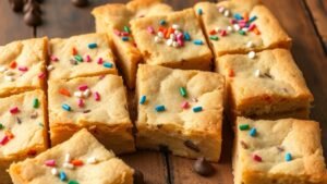 A tray of chewy sugar cookie blondies with sprinkles, cut into squares on a wooden table.