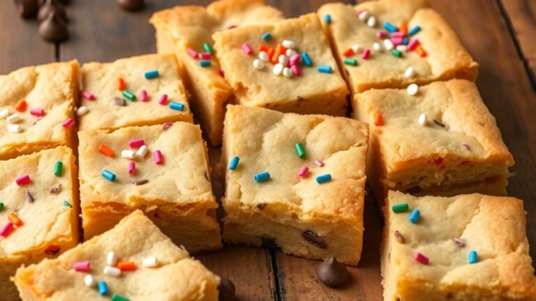 A tray of chewy sugar cookie blondies with sprinkles, cut into squares on a wooden table.