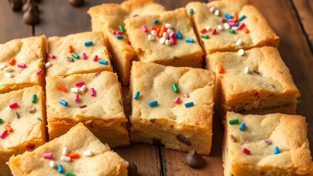 A tray of chewy sugar cookie blondies with sprinkles, cut into squares on a wooden table.