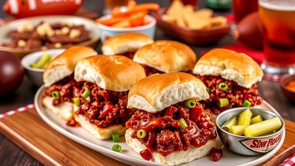 Spicy Sweet Sloppy Joe Sliders Recipe A delicious platter of spicy sweet sloppy joe sliders on brioche buns, garnished with green onions and pickles.