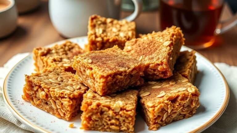 A plate of carrot cake oatmeal bars with a sprinkle of cinnamon, set in a cozy kitchen.
