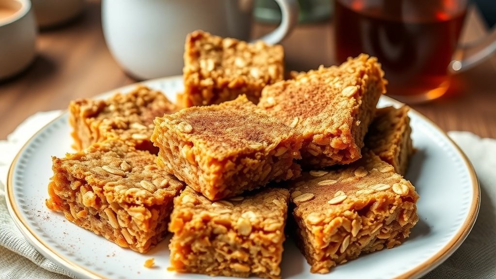 A plate of carrot cake oatmeal bars with a sprinkle of cinnamon, set in a cozy kitchen.