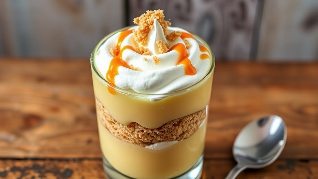 Layered butterscotch pudding parfait in a glass, topped with whipped cream and caramel sauce.