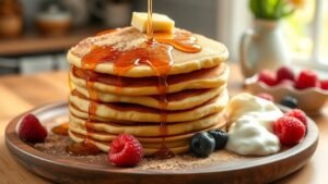 Fluffy cinnamon sugar cottage cheese pancakes stacked high, garnished with berries and syrup on a rustic plate.