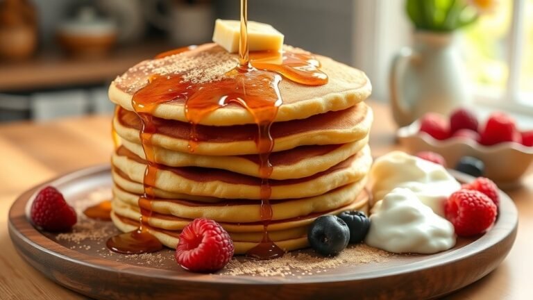 Fluffy cinnamon sugar cottage cheese pancakes stacked high, garnished with berries and syrup on a rustic plate.