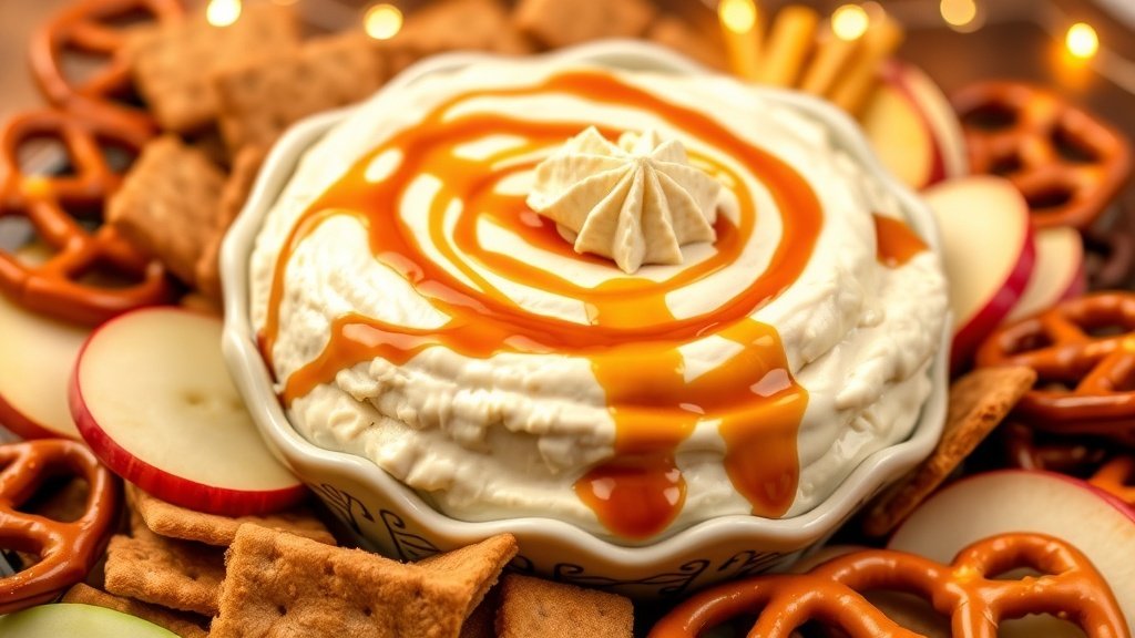 Creamy salted caramel cheesecake dip in a bowl with caramel drizzle, surrounded by graham crackers and apple slices.