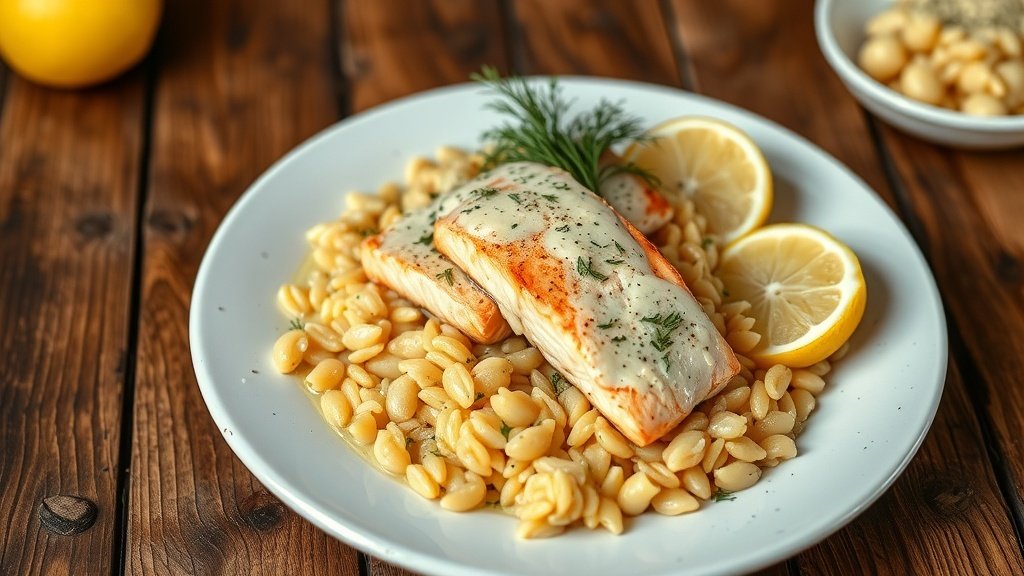 Creamy lemon dill salmon orzo served on a plate, garnished with dill and lemon wedges.