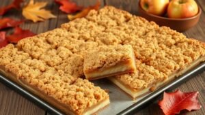 Buttery brown sugar apple crumb bars with a golden crumble topping, displayed on a rustic wooden table with fresh apples.