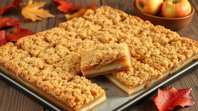 Buttery brown sugar apple crumb bars with a golden crumble topping, displayed on a rustic wooden table with fresh apples.