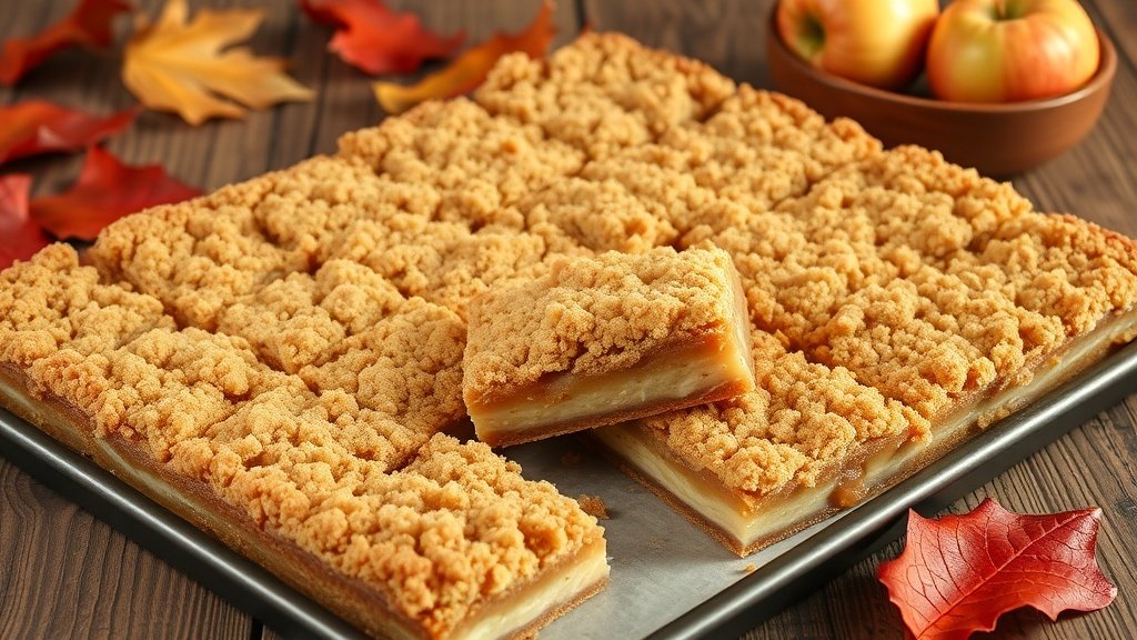 Buttery brown sugar apple crumb bars with a golden crumble topping, displayed on a rustic wooden table with fresh apples.