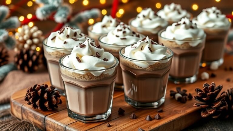 Hot cocoa mousse cups topped with whipped cream and chocolate shavings on a rustic table with holiday decorations.