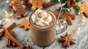A cozy mug of gingerbread hot chocolate with whipped cream and cinnamon, surrounded by festive holiday decorations.