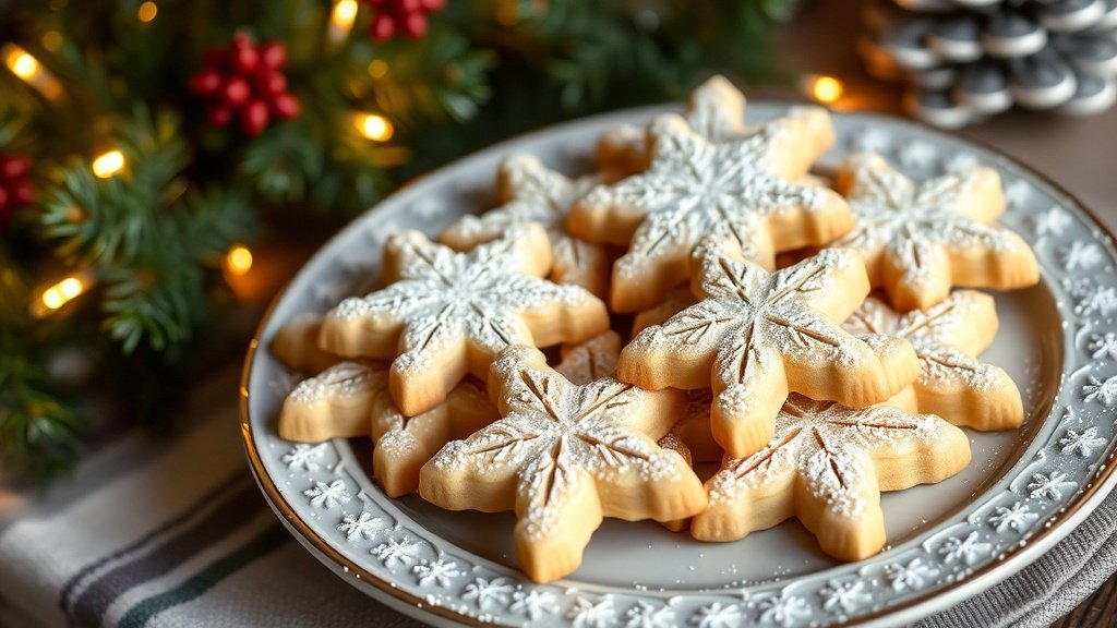 Buttery Pecan Snowflake Shortbread Cookies A festive plate of snowflake-shaped pecan shortbread cookies dusted with powdered sugar, set against a holiday backdrop.