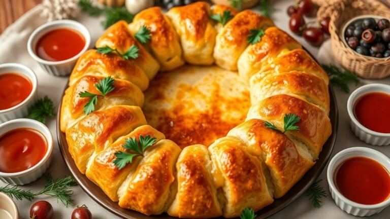 A golden brown garlic Parmesan pull-apart wreath on a festive table with marinara sauce for dipping.