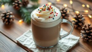 A warm sugar cookie latte with whipped cream and sprinkles, surrounded by holiday decorations.