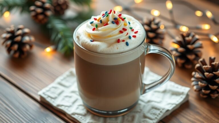 A warm sugar cookie latte with whipped cream and sprinkles, surrounded by holiday decorations.