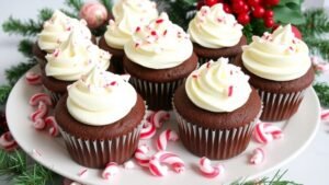 Fluffy peppermint brownie cupcakes with white frosting and crushed peppermint on a festive platter.