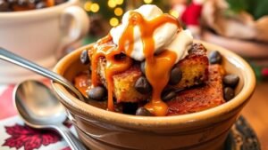 Warm chocolate caramel bread pudding with caramel sauce and whipped cream in a rustic bowl.