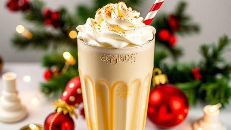 A creamy eggnog milkshake in a festive glass, topped with whipped cream and nutmeg, surrounded by Christmas decorations.