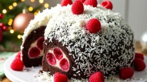 Chocolate Raspberry Snowball Cake with coconut frosting and fresh raspberries, set on a festive holiday table.