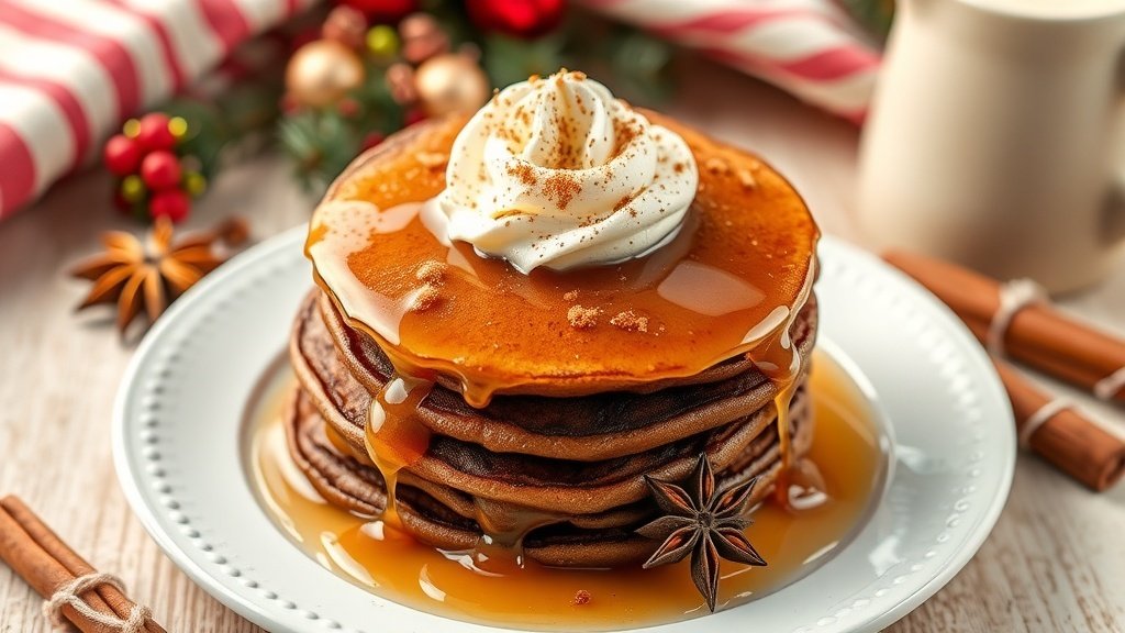 A delicious stack of gingerbread pancakes with syrup and whipped cream, decorated for the holidays.