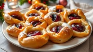 Freshly baked sugar plum Danish pastries on a plate, filled with plum filling, garnished with glaze and powdered sugar.