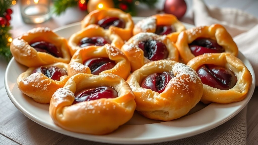 Freshly baked sugar plum Danish pastries on a plate, filled with plum filling, garnished with glaze and powdered sugar.