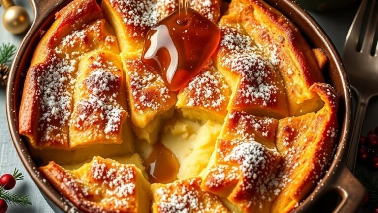 Eggnog French Toast Casserole served in a rustic dish, dusted with powdered sugar and drizzled with maple syrup.