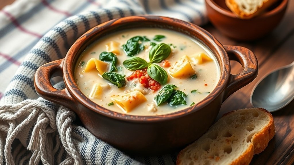 Creamy White Lasagna Soup Recipe A bowl of creamy white lasagna soup with noodles, spinach, and cheese, garnished with basil, on a wooden table with garlic bread.