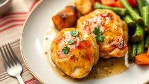 Golden garlic butter chicken thighs garnished with parsley, served with roasted vegetables on a festive table.