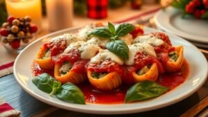 A plate of spinach ricotta stuffed shells in marinara sauce, topped with melted cheese and garnished with basil, on a festive holiday table.