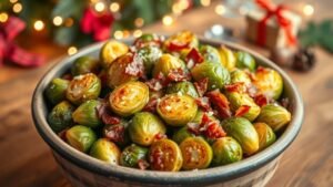 Crispy prosciutto Brussels sprouts garnished with Parmesan cheese and balsamic vinegar on a rustic table.