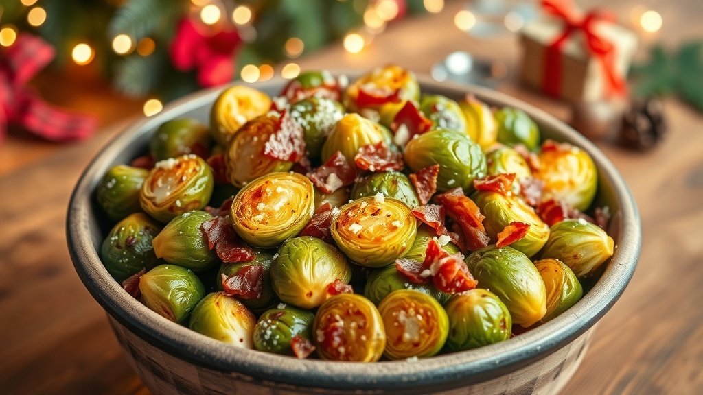 Crispy prosciutto Brussels sprouts garnished with Parmesan cheese and balsamic vinegar on a rustic table.