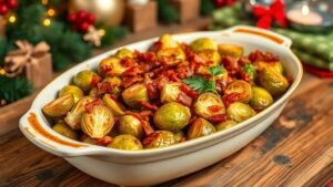 Maple Bacon Brussels Sprouts Casserole with crispy bacon and golden Brussels sprouts, garnished with parsley.