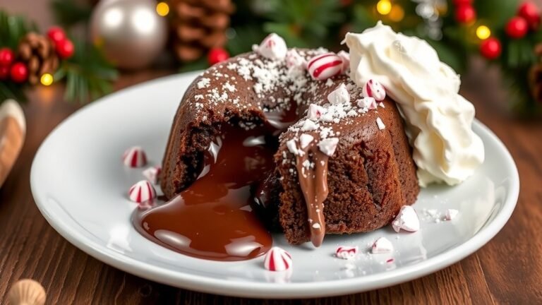 Warm molten peppermint lava cake with chocolate center, garnished with peppermint candies and whipped cream.