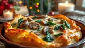 A savory mushroom and spinach puff pastry bake, golden and flaky, served in a rustic dish.