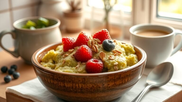A cozy matcha oat bake topped with berries and nuts, served with a cup of green tea in a warm kitchen.