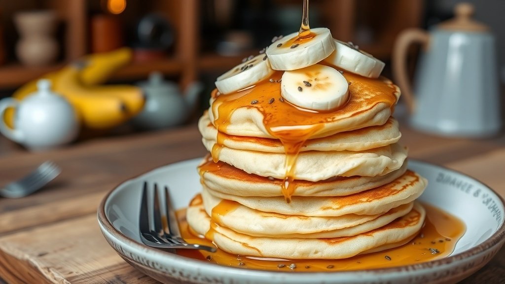 Fluffy Banana Cottage Cheese Pancakes Recipe Fluffy banana cottage cheese pancakes topped with sliced bananas and syrup on a rustic plate.