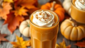 Pumpkin spice latte smoothie in a glass with whipped cream and cinnamon, surrounded by autumn decor.