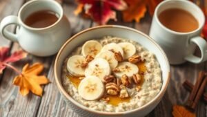 A cozy bowl of maple chai oatmeal topped with bananas and nuts, surrounded by fall decor.