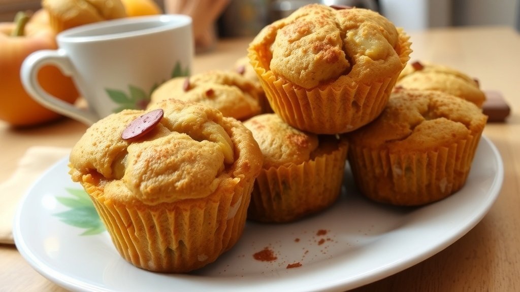 A plate of apple cinnamon protein muffins with apple chunks, sprinkled with cinnamon, in a cozy kitchen setting.