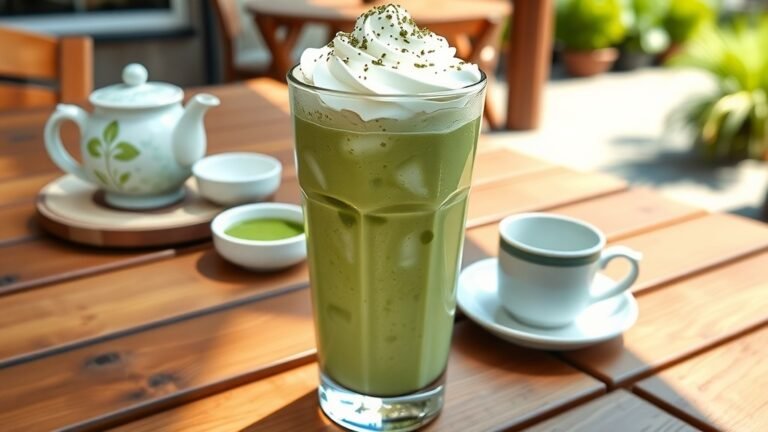 Iced matcha vanilla latte in a glass with ice and whipped cream, set on a wooden table outdoors.