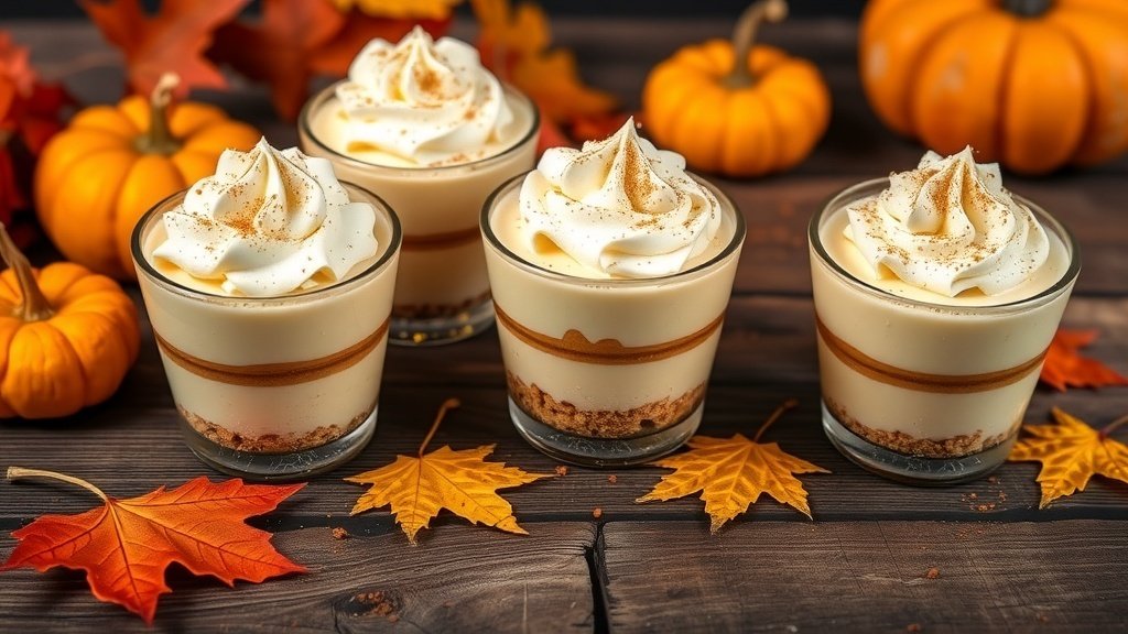 Cottage cheese cheesecake cups topped with whipped cream and cinnamon, placed on a wooden table with autumn decorations.
