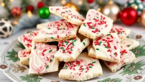 Colorful holiday sugar cookie bark with sprinkles and candy canes on a decorative plate.