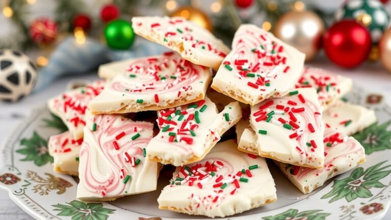 Colorful holiday sugar cookie bark with sprinkles and candy canes on a decorative plate.