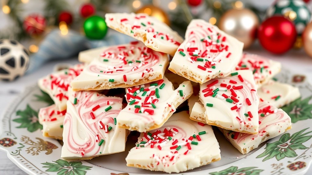 Colorful holiday sugar cookie bark with sprinkles and candy canes on a decorative plate.