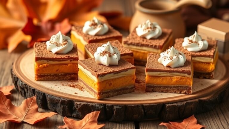 Pumpkin tiramisu squares layered with pumpkin filling and cocoa powder, served on a wooden platter with autumn decorations.