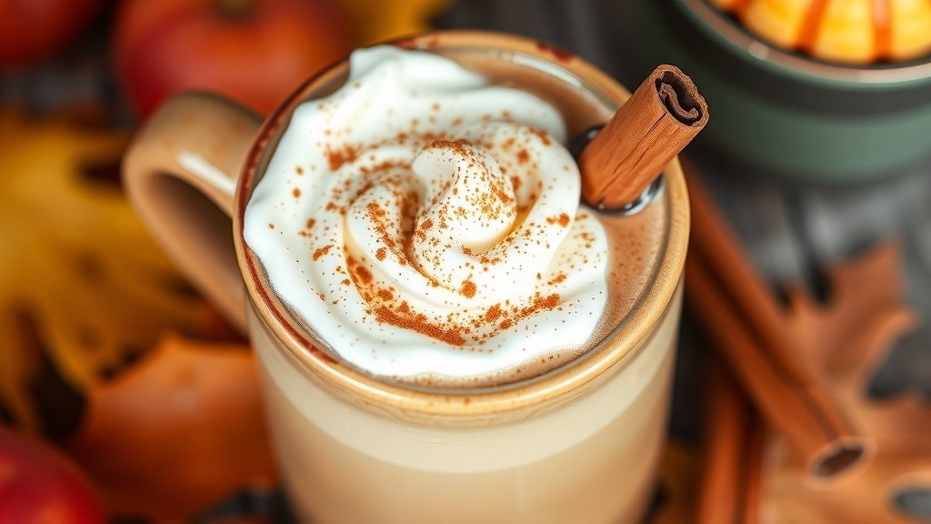 A cozy apple cider chai latte in a rustic mug with whipped cream and cinnamon, surrounded by autumn leaves.