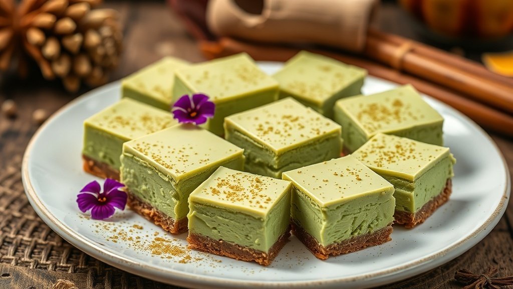 Creamy matcha cheesecake bars on a plate, garnished with matcha powder and edible flowers.
